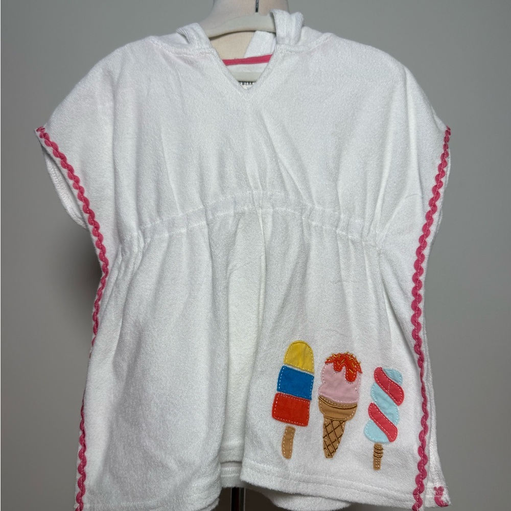 Kids' White Hooded Towel Poncho with Ice Cream Design